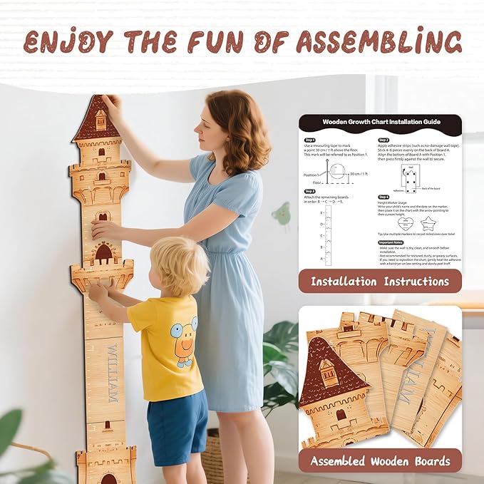 Woodemon Personalized Name Growth Chart, Castle Height Chart, Customized Name Measuring Board for Kids Height, Kids Growth Measurement Decorative Wall Sticker, Nursery Growth Chart Ruler