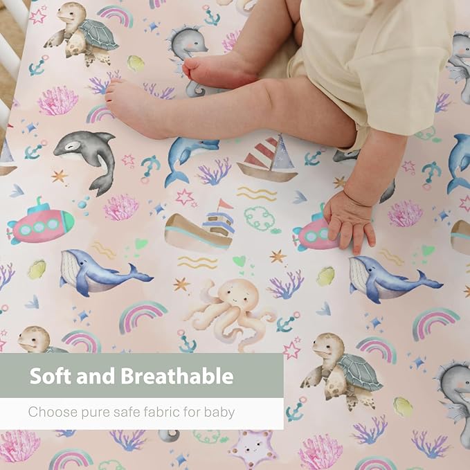 Colorful Ocean Animals Baby Crib Sheets for Boy Girl 52x28Inch Sea Horse Turtle Whale Rainbow Corals Soft Snug Fitted Crib Mattress Cover Marine Life Baby Sheet for Standard Crib & Toddler Mattress