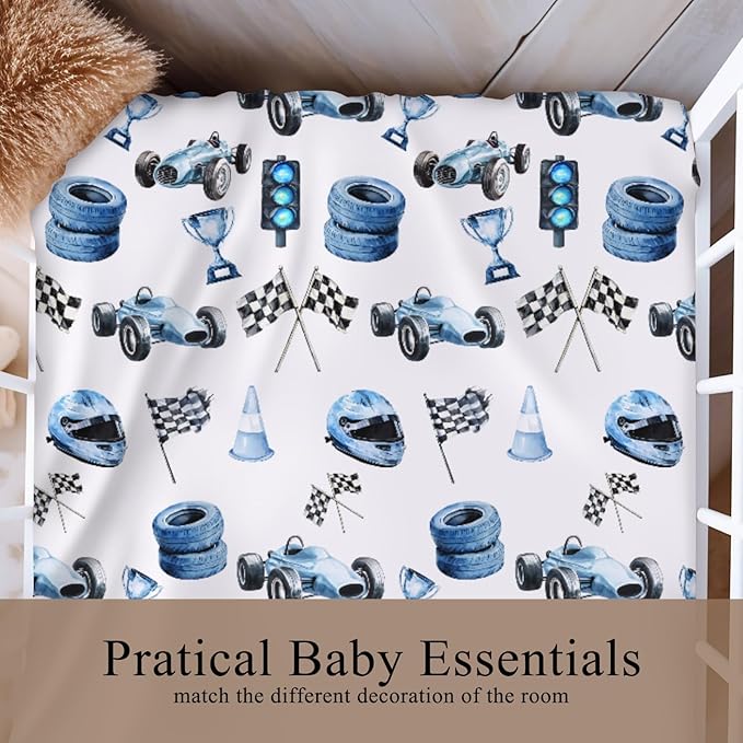 Cute Race Car Flag Baby Crib Sheets for Boy Girl 28x52 Inch Breathable Blue Races Vehicle Trophy Traffic Light Vehicles Fitted Crib Mattress Cover for Standard Crib and Toddler Mattress Car One Size