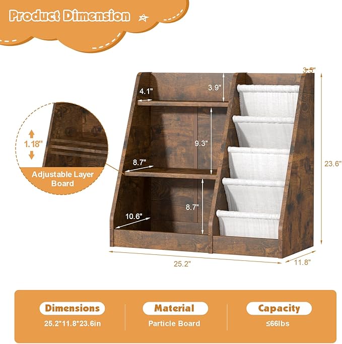 HedoAjim Kids Bookshelf for Bedroom Toddler Children Baby Bookcase 3-Tier for Nursery Book Toy Storage Organizer 4 Sling Adjustable Display Shelf Book Rack Wood Classroom Playroom Rustic Brown