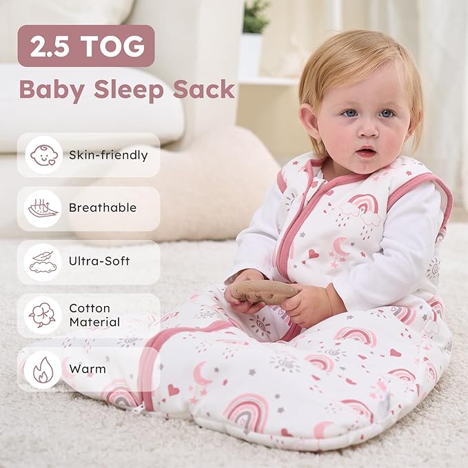 Baby Sleep Sack 0-6 Months, 2.5 TOG Cotton Winter Baby Wearable Blanket with 2-Way Zipper, Warm Soft Sleeping Bag for Newborn Infant Boy Girl, Small Rainbow