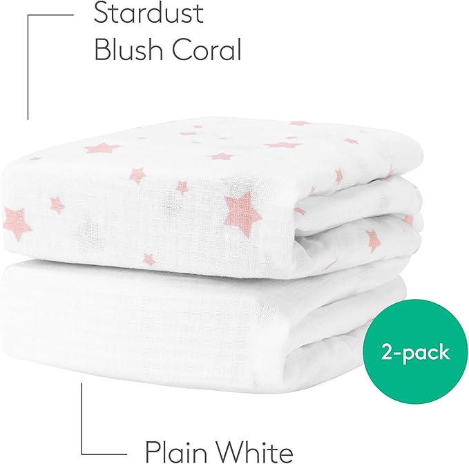 Newton Baby Fitted Mini Crib Sheets (2-Pack) | Organic Muslin Cotton, Breathable & Soft Baby Sheets, Washable Baby Mattress Sheets, Fits Mini Crib Mattresses 24" x 38", Stardust Coral & Plain White