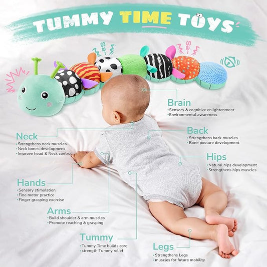 Baby Toys 6-12 Months Music Caterpillar,Stuffed Animals Infant Toys 0-3-6 Months,Baby Sensory Toys Tummy Time with Crinkle Rattle Teething Toys for Newborn Boys Girls Gifts Birthday|Ice Blue