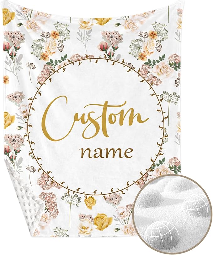 Personalized Crib Bedding Set for Boys Girls, Custom Baby Crib Sets with Name, Pink Flowers Design Nursery Bedding 2 Piece - Soft Blanket with Double Layer Dotted Backing, Crib Fitted Sheet