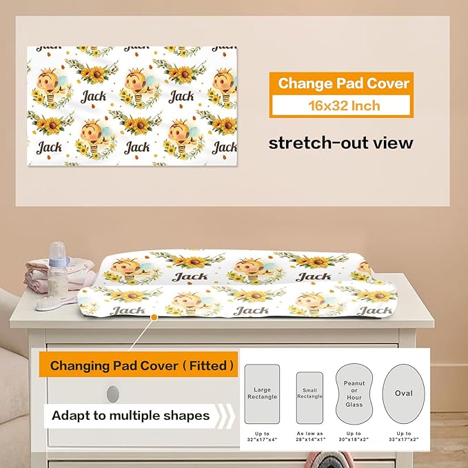 Custom Baby Bedding Set: Personalized Golden Honey Bee Bedding, Baby Blanket Fitted Sheet Changing Cover Nursery Rug Room Decor Gift Idea