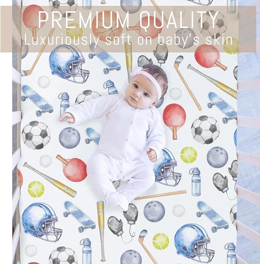 Watercolor Sport Baby Crib Sheets for Boys Soccer Basketball Baseball Golf Tennis Soft Snug Fitted Crib Mattress Covers for 52''x28'' Standard Crib & Toddler Mattress Boys Sports Lovers Gift Bed Sheet