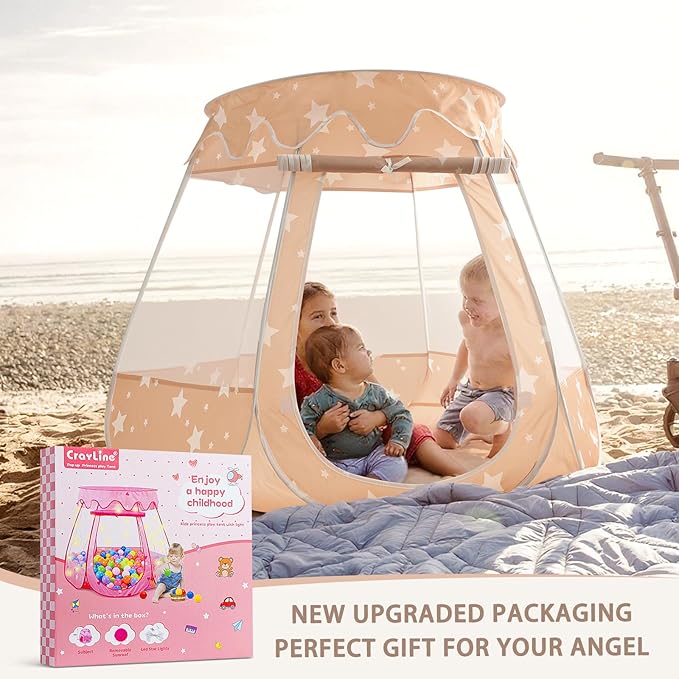 Pop Up Princess Tent with Star Light, Toys for 1 2 3 Year Old Girl Birthday Gift, Ball Pit for 12-18 Months Baby Girl Gifts Toddler Toys, Easy to Pop Up and Assemble(Brown)