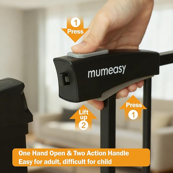 Mumeasy 29.6-46" Baby Gate for Stairs, Pressure Mounted Dog Gate for Doorways, Auto Close Pet Gate for Indoor Use, Extra Wide Child Gate with Walk Thru Door Black, Mom's Choice Awards Winner