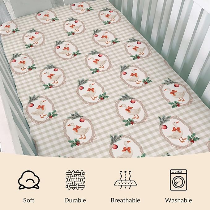 Christmas Geese Red Bows Baby Crib Sheets Cute Ducks Cherry Fir Leaves Soft Baby Sheets Winter Festive Holiday Farm Animals Fitted Crib Mattress Cover for Standard Crib & Toddler Mattress 52"x28"