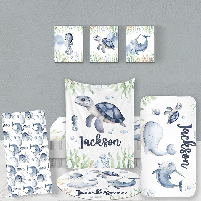 Custom Baby Bedding Set, Personalized Blue Ocean Animal Bedding, Baby Blanket Fitted Sheet Changing Cover Nursery Rug Room Decor Gift Idea