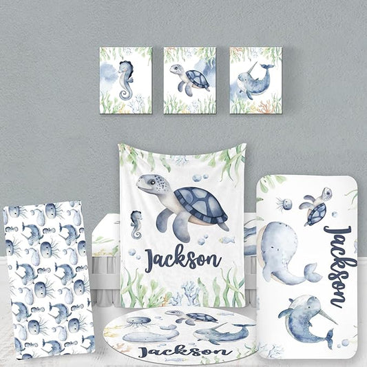 Custom Baby Bedding Set, Personalized Blue Ocean Animal Bedding, Baby Blanket Fitted Sheet Changing Cover Nursery Rug Room Decor Gift Idea