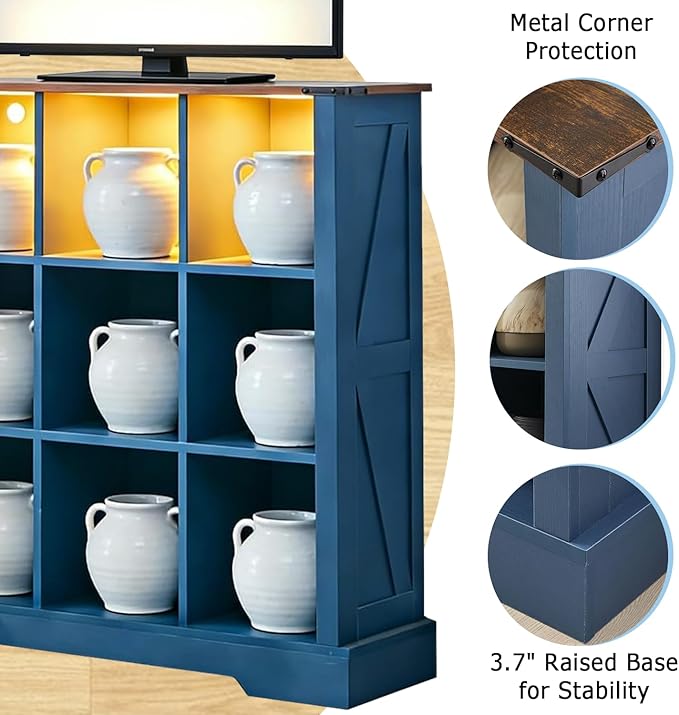 Puntogen 9 Cube Storage Organizer, Wood Cube Bookshelf with LED Lights, Horizontal Storage Cubes, Kids Bookshelf, Display Cabinet Cubby Shelf for Living Room Home Office Bedroom，Navy Blue