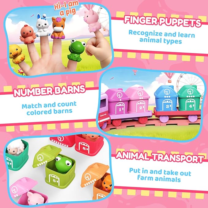 Learning Toys for Toddlers 1 2 3 Year Old,Electric Farm Train Set for Girls 2-4,Counting Matching & Sorting Montessori Train Toy with Farm Animals, Music, Light, Christmas Birthday Gift Baby (Pink)