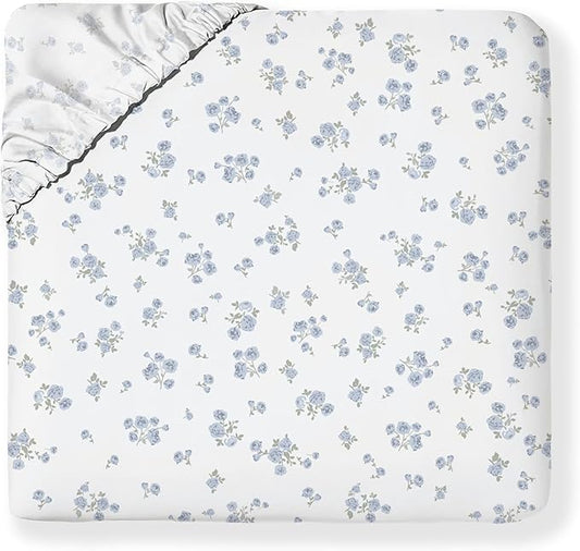 MakeMake Organics Organic Queen Fitted Sheet Set GOTS Certified Organic Cotton Fitted Sheet with Pillowcase Ultra Soft Non Toxic Breathable Hypoallergenic Colorful Neutral (Queen, Mini Roses)