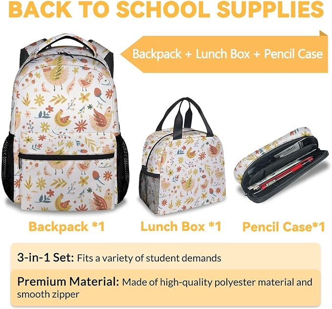 COOPASIA Chicken Backpack with Lunch Box and Pencil Case, 16 Inch Chicken Theme Bookbag with Adjustable Straps, Durable, Lightweight, Large Capacity, School Backpack for Girls Women