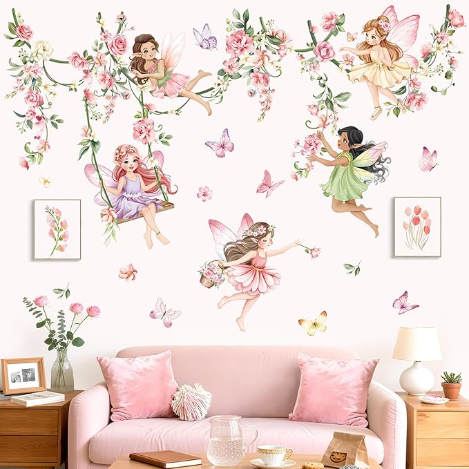 decalmile Pink Flower Fairy Wall Stickers Hanging Peony Flower Vine Butterfly Elf Wall Decals Baby Nursery Bedroom Girls Room Home Decor