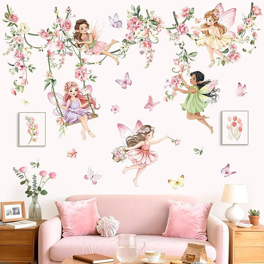 decalmile Pink Flower Fairy Wall Stickers Hanging Peony Flower Vine Butterfly Elf Wall Decals Baby Nursery Bedroom Girls Room Home Decor