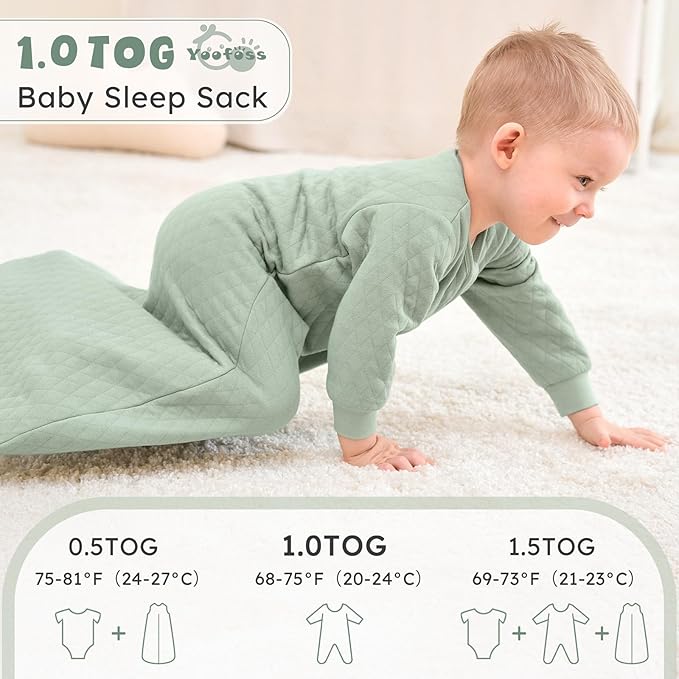 Yoofoss Baby Sleep Sack 12-18 Months 1.0 Tog Long Sleeve Sleep Sack Organic Cotton Wearable Blanket for Toddlers 2-Way Zipper Quilted Sleeping Sacks(Large)