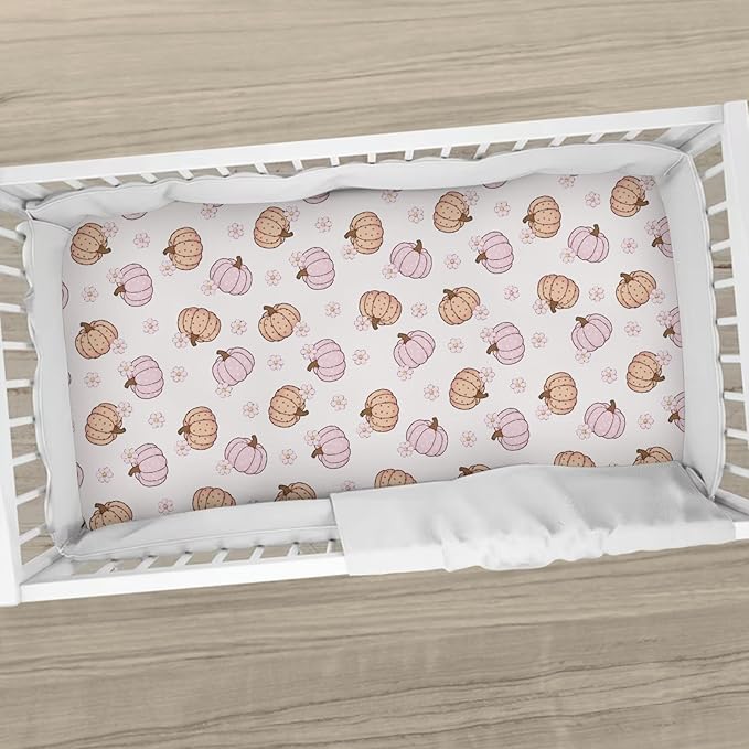 Fall Pumpkin Boho Flower Baby Crib Sheets Autumn Thanksgiving Harvest Baby Sheet Fitted Crib Mattress Cover Pastel Pumpkins Floral Standard Toddler Mattress 52''x28''