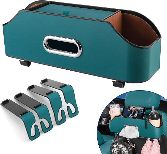 HALOYIVGO Car Seat Back Organizer - Stylish & Functional Storage for Family Adventures - Cup Holders, Tissue Box & Hooks - Perfect for Kids, Road Trips & Travel (Navy Blue)