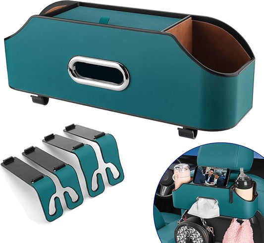 HALOYIVGO Car Seat Back Organizer - Stylish & Functional Storage for Family Adventures - Cup Holders, Tissue Box & Hooks - Perfect for Kids, Road Trips & Travel (Navy Blue)