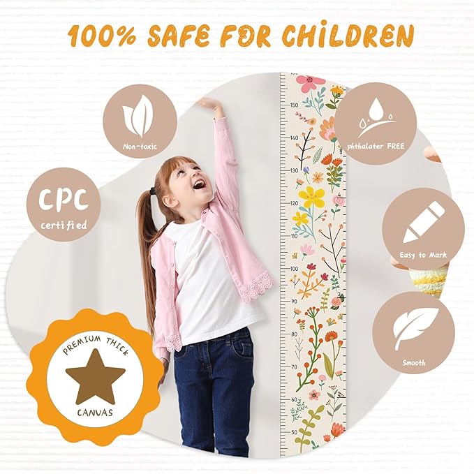 Woodemon Personalized Name Growth Chart for Wall, Painted Plants Canvas Height Chart for Kids Baby Child Toddler, Canvas Growth Chart for Wall Nursery Decor, Hangable & Waterproof