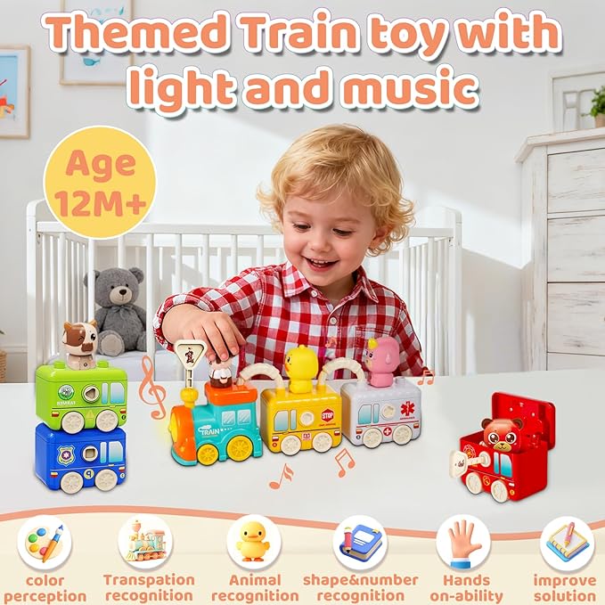 Toddler Learning Toys for 2 3 4 Year Old - Counting Matching & Sorting Activity Montessori Train Set with Vehicle Transportation,Farm Animals, Keys to Lock and Unlock Carriage，Christmas Birthday Gift