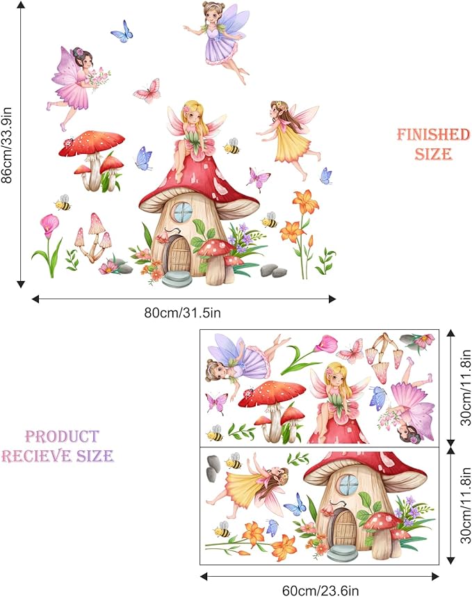 Supzone Mushroom House Fairy Wall Decals Elf Flowers Butterflies Wall Stickers Peel and Stick Vinyl Wall Art Decor for Girls Baby Nursery Bedroom Living Room
