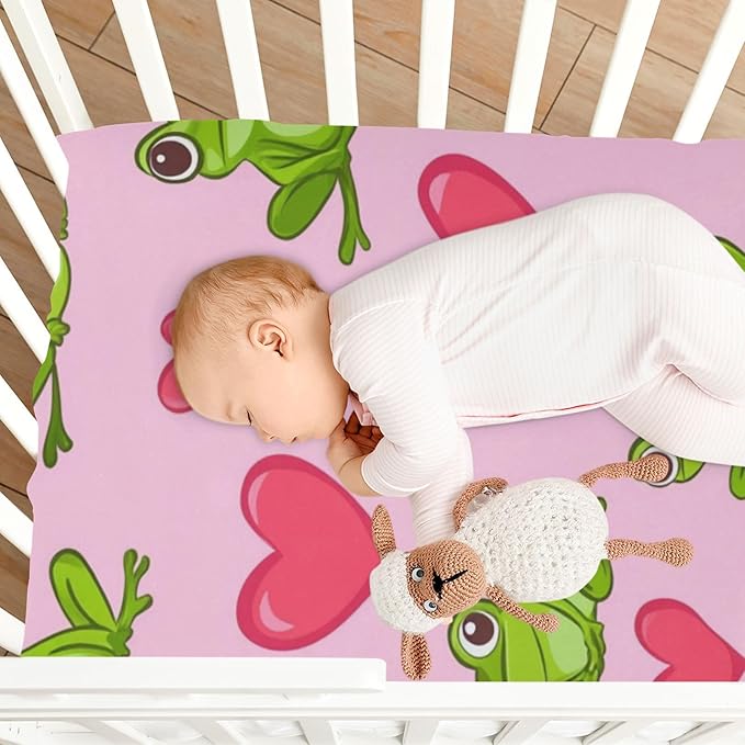 Pink Frog and Love01 Crib Sheets Standard Crib Toddler Mattresses Cover Fitted Baby Bed Sheet Breathable Crib Mattress Sheet for Girls Boys 52" x 28"x5''