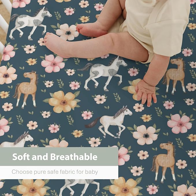 Watercolor Horse Floral Baby Crib Sheets for Boy Girl 52"x28" Running Horses Boho Flowers Soft Snug Fitted Crib Mattress Cover Wild Animals Baby Sheet for Standard Crib & Toddler Bed Mattress Navy