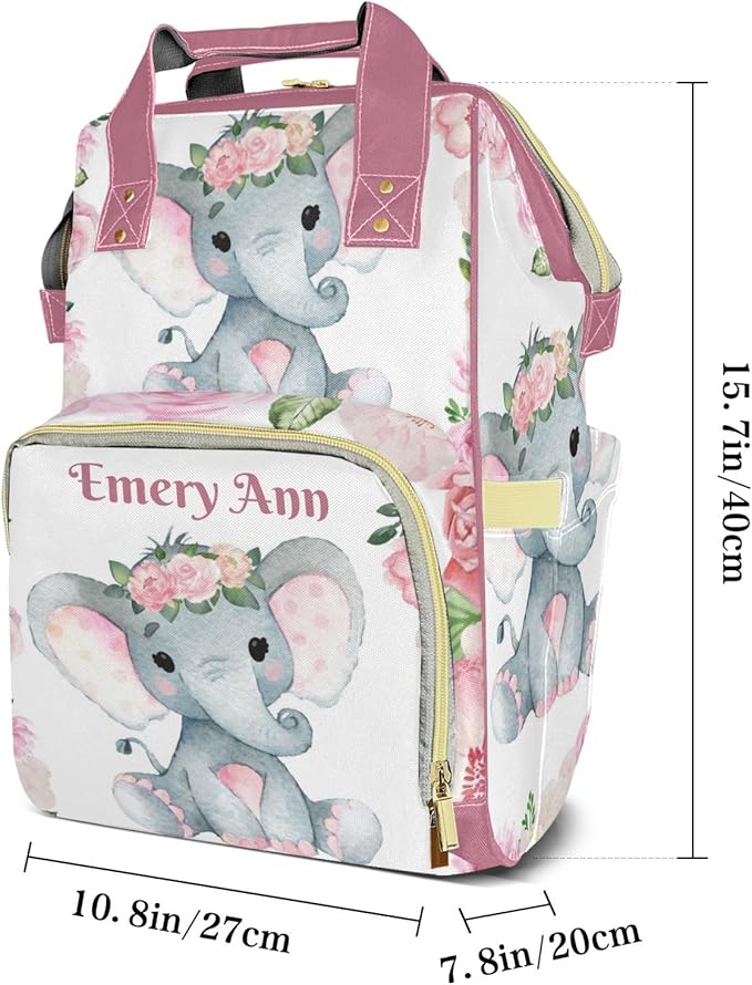 Personalized Elephant Pink Floral Custom with Name Diaper Bag Backpack For Baby Boy Girl Dad Mom Unisex for Adult Daypack Holiday Gift
