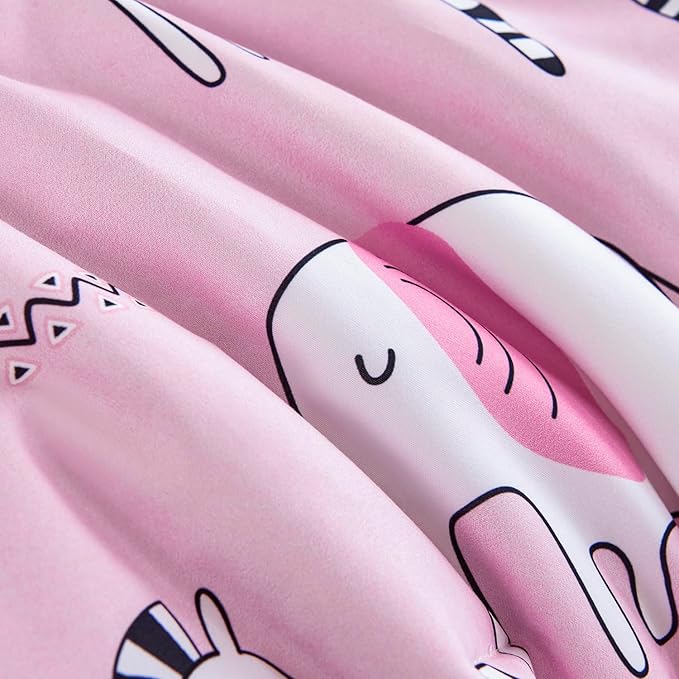 URBONUR 4-Piece Toddler Bedding Set - Ultra Soft Cartoon Pink Zoo Animals Girls Toddler Comforter Set - Include Comforter, Flat Sheet, Fitted Sheet and Reversible Pillowcase, Pink Animal