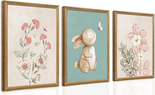 arfitest Nursery Wall Art Cute Bunny Botanical Flowers Wall Decor Pink Green Nursery Pictures Posters Girl Bedroom Canvas Prints gifts for Baby Boys and Girls Playroom paintings 12x16inch