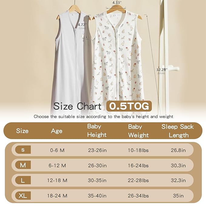 TILLYOU 2 Pack Infant Sleep Sack 0-6 Months 100% Cotton Wearable Blanket 0.5 TOG Sleeveless Summer Sleep Sacks with 2-Way Zipper, Bear Forest & Grey