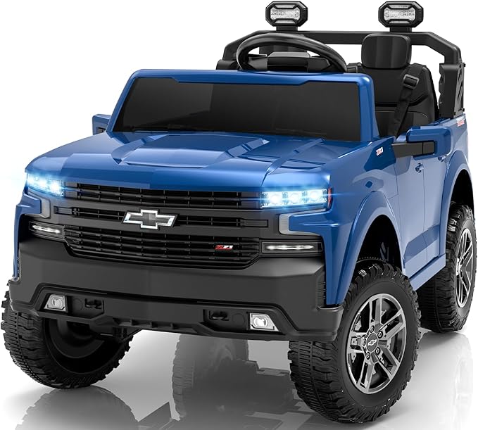 ENYOPRO 24V 2 Seater Ride on Car for Kids, Licensed Chevy Silverado LT Trail Boss Battery Powered Electric Car for Toddlers w/Remote Control, Metal Suspension, Soft Start, Bluetooth, LED Lights (Blue)