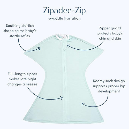SleepingBaby Zipadee-Zip Transition Swaddle - Cozy Baby Swaddle Blanket with Zipper Convenience - Roomy Wearable Blanket for Easy Diaper Changes - Classic Mint, Medium (6-12 Month) - 2 Pack