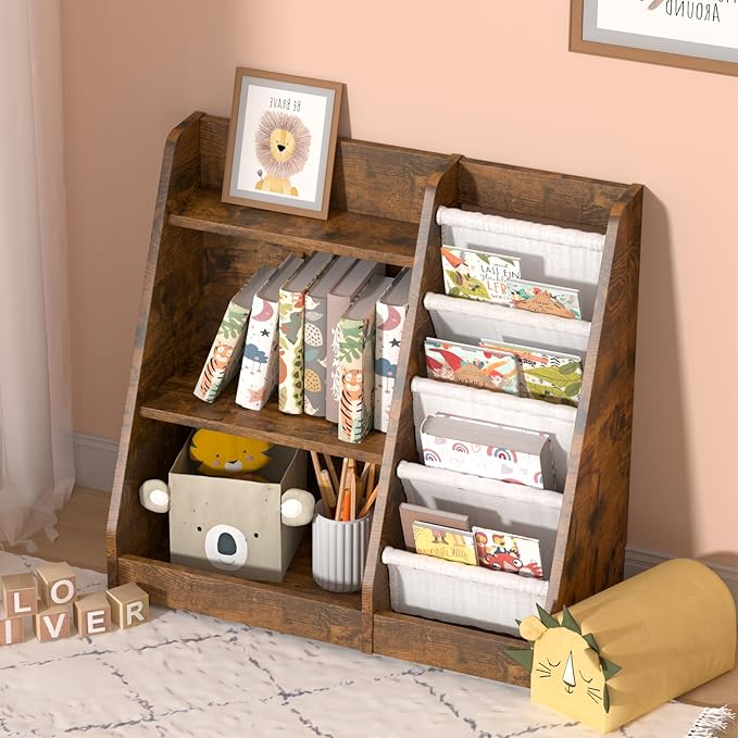 HedoAjim Kids Bookshelf for Bedroom Toddler Children Baby Bookcase 3-Tier for Nursery Book Toy Storage Organizer 4 Sling Adjustable Display Shelf Book Rack Wood Classroom Playroom Rustic Brown