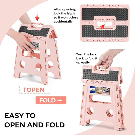 ACKO Folding Step Stool 13 inch Height Premium Heavy Duty Foldable Step Stools for Adults and Kids, Kitchen Plastic Small Collapsible Stepping Stool Hold Up to 300 LB Dot Pink (1 Pack)