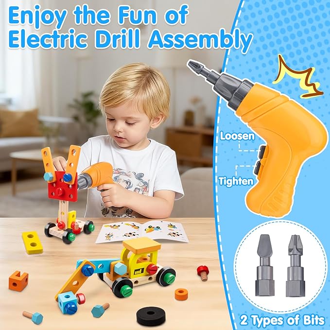 Kids Tool Set Toy for Boys - Educational Montessori Wooden Toddler Play Tool Box with Electric Drill - 59 Pcs STEM Construction Building Toys Christmas Birthday Gifts for 3 4 5 6 Year Old Boys Girls