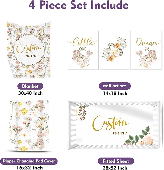 Personalized Baby Crib Bedding Set: 4 Piece Pink Flowers Custom Gift Crib Bed Set with Name, Nursery Bedding Set for Baby Girls,Newborn Girls Crib Sets, Crib Bedding Shower Gifts