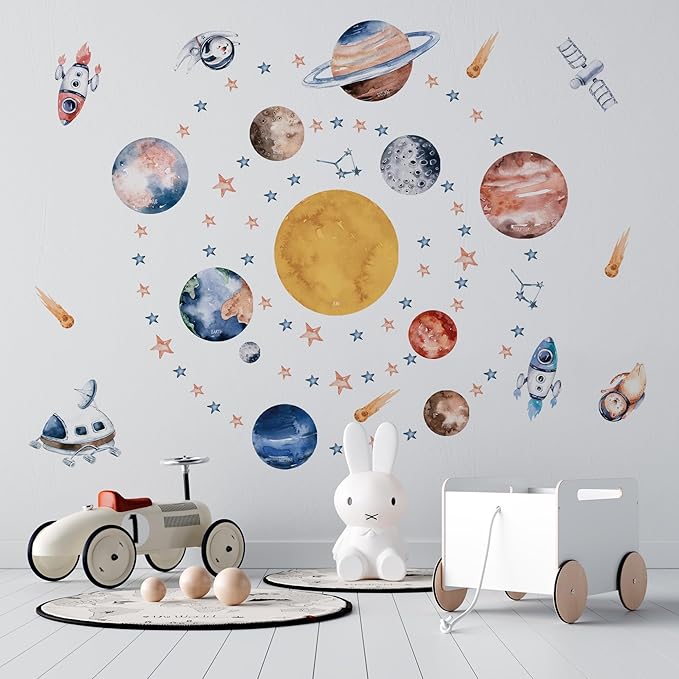 Solar System Wall Decals for Kids - Planets and Space Themed Wall Stickers by Lipastick - Peel and Stick Vinyl Decals for Boys and Girls Bedroom, Nursery, Playroom, Daycare - XXL Size