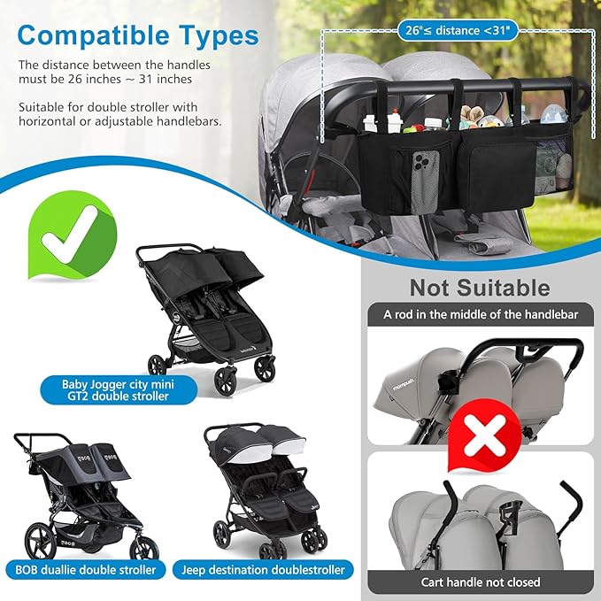 Accmor Double Stroller Organizer for Bob Duallie and Baby Jogger City Mini GT2, Double Baby Stroller Caddy Bag Organizer Accessories