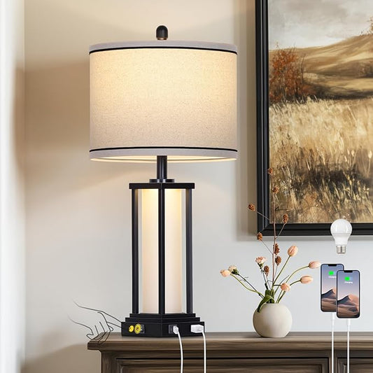 Cinkeda 27" Tall Vintage Table Lamp with USB C+A & Outlet,Black Industrial End Table Lamp for Living Room,Farmhouse Rustic Bedside Lamp with Frosted Glass Night Light for Bedroom Nightstand,Black-1P