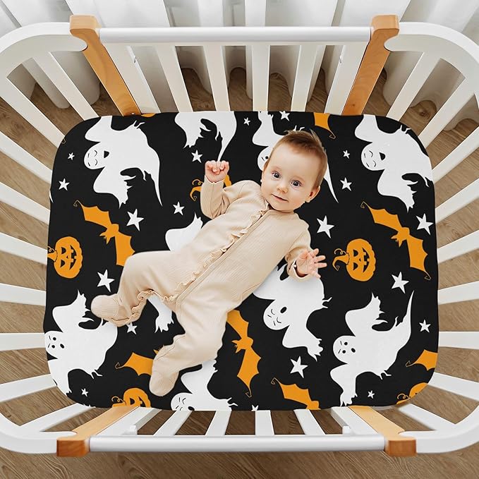 Pumpkin Ghost Halloween Crib Sheets Soft Breathable Fitted Baby Playard Sheets Mattress Cover for Girl Boys, 39" x 27" x 5"