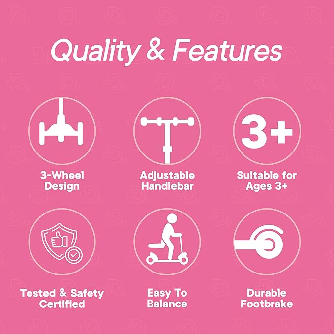 Dribbl 3-Wheel Kids Scooter - Lean-to-Steer Technology, Adjustable Height Handlebar, Wide Anti-Slip Deck, Scooter for Boys & Girls Ages 3+, Child Safety Approved, Support Riders Up to 165 lbs, Pink