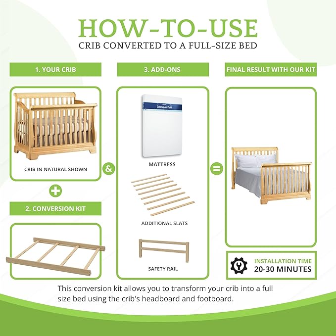 Full-Size Conversion Kit Bed Rails for Baby Appleseed and Eco-Chic Convertible Cribs - Solid Wood Rail - Toddler and Adult Bed Rail for Full-Size Beds - Nursery Baby Furniture (Unfinished, Option 2)