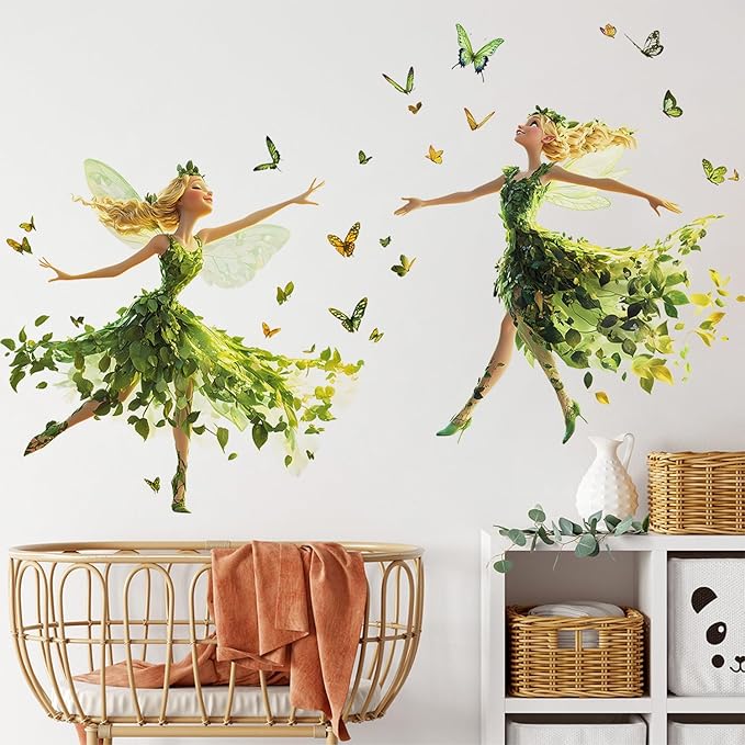 DRWSSR Removable Two Cartoon Green Butterfly Elf Girl Decals Fairy Wall Decals DIY Lovely Dancing Girl Wall Stickers Peel and Stick Butterflies Art for Girls Room Living Room Bedroom Bathroom Decor