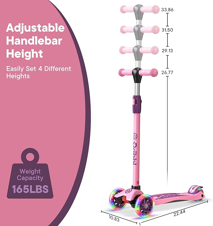 Dribbl 3-Wheel Kids Scooter - Lean-to-Steer Technology, Adjustable Height Handlebar, Wide Deck, Scooter for Boys & Girls Ages 3+, Child Safety Approved, Support Riders Up to 165 lbs, Purple and Pink