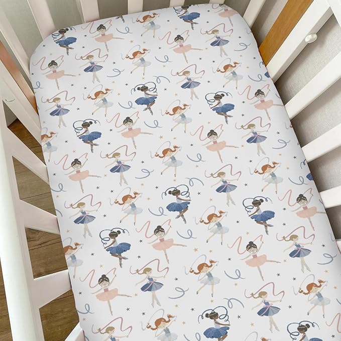 Cream Dancing Girls Baby Crib Sheets for Girls Neutral Little Ballet Dancers Soft Snug Fitted Crib Mattress Covers for 52''x28'' Standard Crib & Toddler Mattress Pad Girly Ballet Dancer Baby Sheets