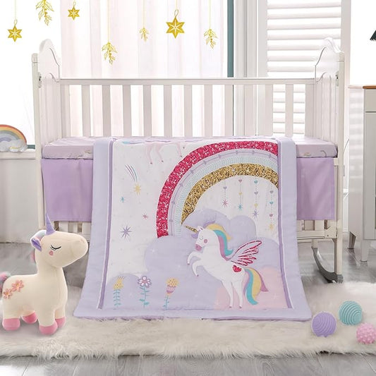 Wowelife Unicorn Crib Bedding Set 3 Pieces Baby Girl Crib Bed Set Crib Comforter Set for Girls Nursery Bedding Set Purple Include Baby Comforter, Skirt and Sheet, Purple